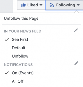 screenshot of the "following" menu on a Facebook page, with option "see first" selected