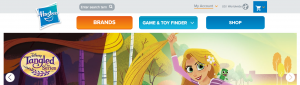 screenshot of Hasbro.com with top bar full width and a large image advertising Tangled