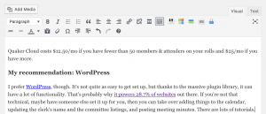 screenshot of WordPress's editor with bold, italic, link, etc buttons